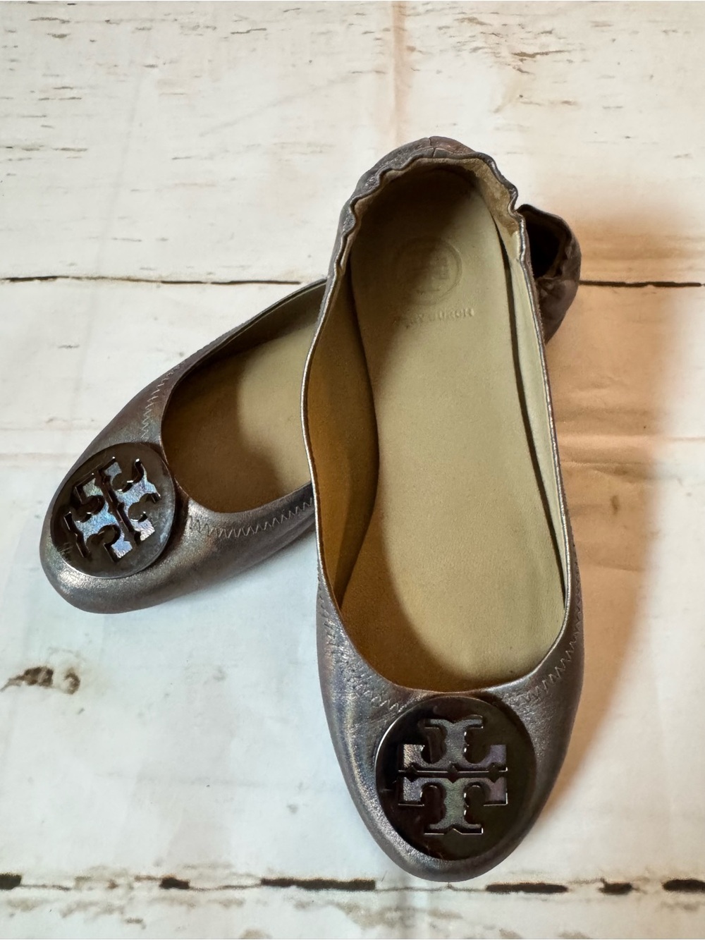 Tory Burch Metallic Bronze Logo Reva Ballet Flats